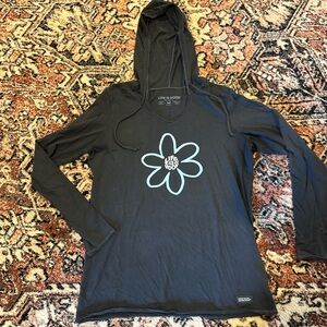 Life Is Good Black Hooded Tee with Light Blue Daisy Print